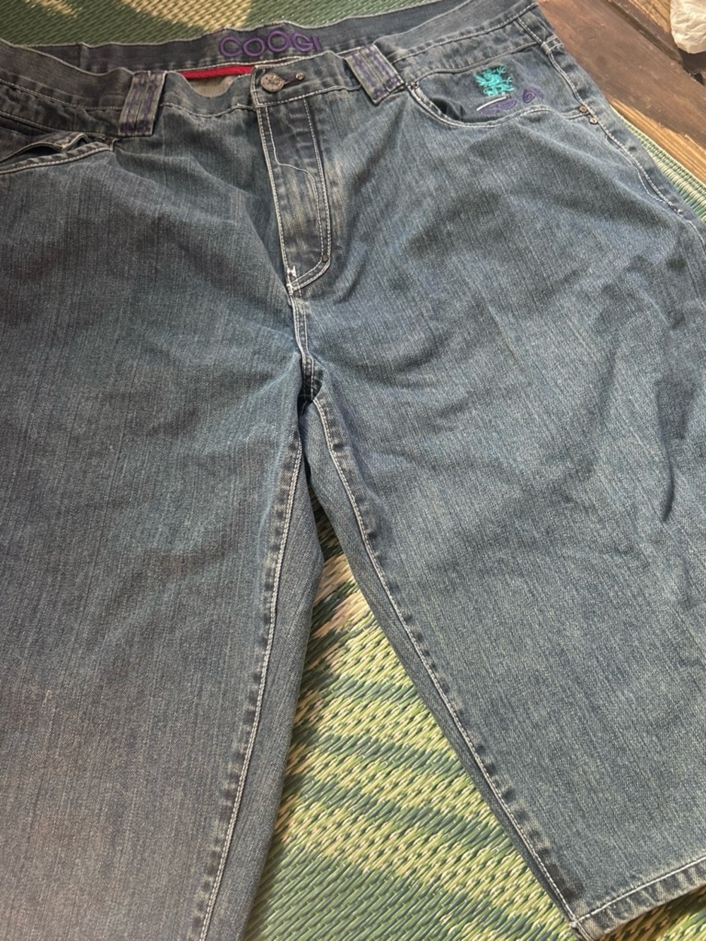 COOGI Men's Blue Denim Jean Shorts with Purple Logo Accent